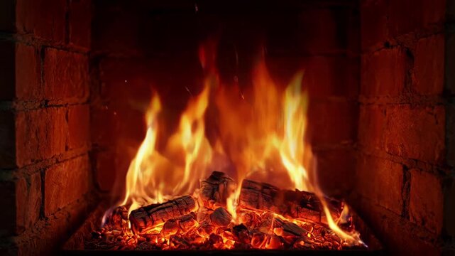 Fireplace burning fire in brick hearth with glowing ember, flame, wood log heat, warm rustic interior comfort, cozy winter home light, bright burning logs and orange glow from brick wall fireplace