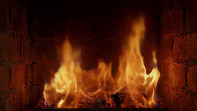Fireplace flame burning brick hearth with warm glow dark smoke, fireplace fire burning dark brick hearth with bright flame and glowing log warm home ambience, fireplace fire burning brick wall flames