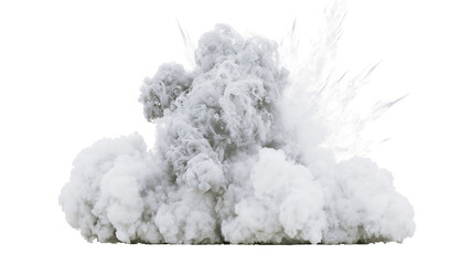 Massive white smoke explosion with debris fragments, isolated on transparent background © LUXSTORY