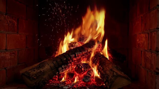 Fireplace fire burning logs glowing embers brick hearth with warm glow, fireplace fire burning wood log embers and flame brick hearth heat, smoke and heat from glowing fireplace fire logs ember flame