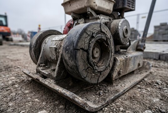 Close up of deep cracks and dry rot on the rubber shock mount of a plate compactor