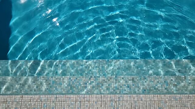 Crystal clear swimming pool water with mosaic tile steps.