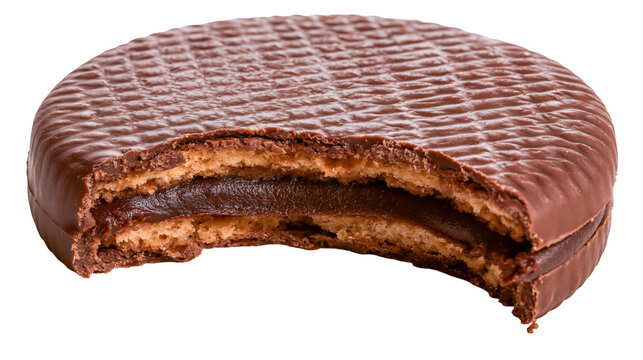 Chocolate sandwich cookie with cream filling bite taken out, isolated on transparent background