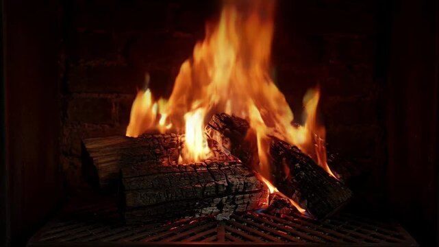 Cozy fireplace burning fire and flame with log pile in dark hearth, warm glow, ember, smoke, ash, wood logs, and orange heat for home interior SEO search video title