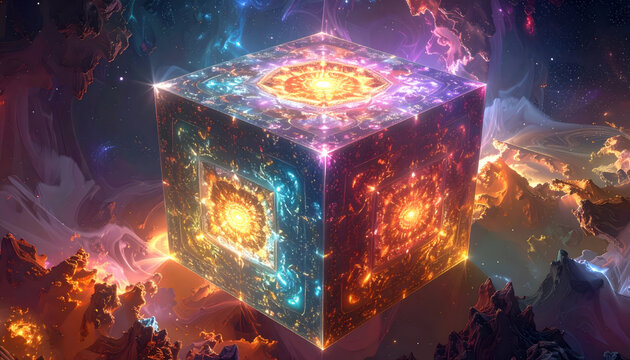 Glowing cosmic cube floating amid nebula clouds showcasing symmetrical ornate fractal designs and vibrant colors in a surreal atmosphere