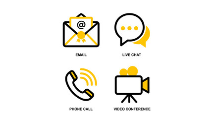 Fototapeta premium Isolated yellow icons depict communication methods including email, live chat, phone, and video call.