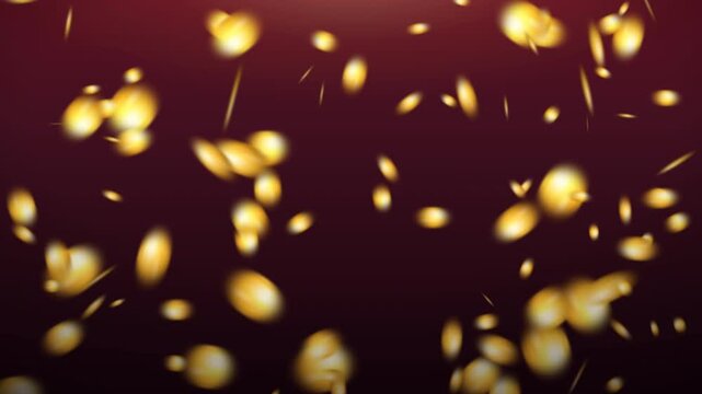 Dense Shower of Falling Golden Coins with Dramatic Lighting on Burgundy Background