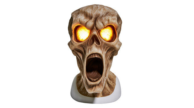 Terrifying zombie head with glowing orange eyes and open mouth, isolated on transparent background