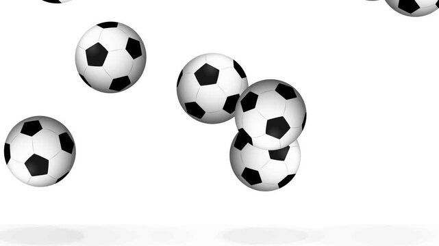 Multiple Soccer Balls Bouncing and Falling on a Plain White Background