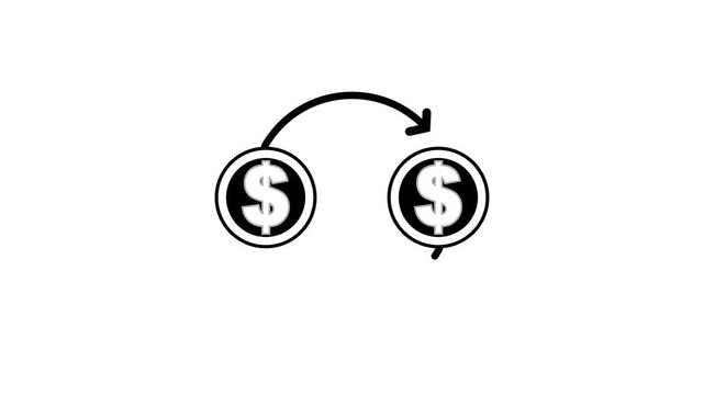 Black arrow curving from a dollar coin to a black circle on a white background Keywords: money, transfer, transaction, arrow, coin, dollar, currency, payment, exchange, movement, flow, finance