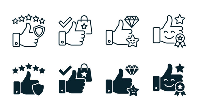 Set of thumbs up icons with rating stars shield shopping bag diamond and smiley face features positive feedback