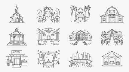 Obraz premium Professional Black and White Line Drawing Icons Set of Wedding and Event Venues Including Churches Hotels Pavilions and Ceremony Spaces