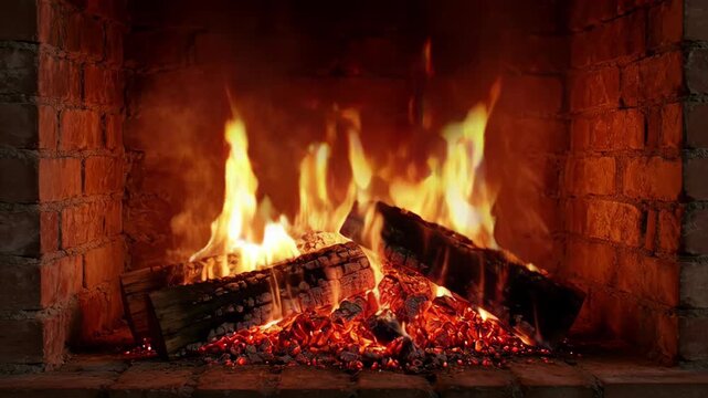 Fireplace fire burning in brick hearth with glowing logs, bright flame, warm indoor fire scene and wood embers, orange flame, heat glow, smoke, hearth log fire warm ember brick fireplace
