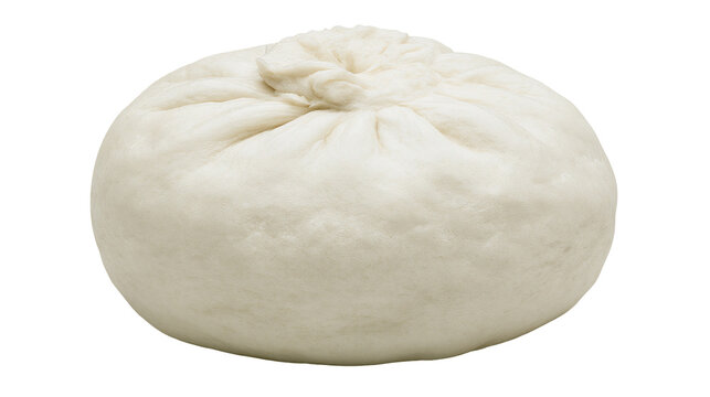 Fluffy white steamed bao bun with gathered top, isolated on transparent background
