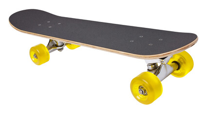 Black grip tape skateboard with yellow wheels, isolated on transparent background © Andrej