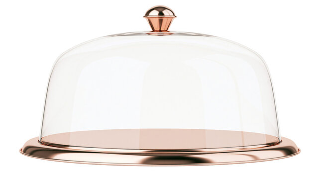 Clear glass dome cloche with rose gold base and knob, isolated on transparent background