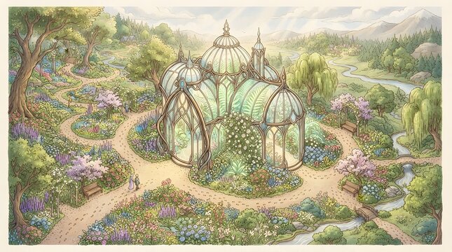 Charming fairytale map illustration of an Elven glass solarium and blooming flower gardens, featuring no text and no borders.