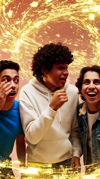 Three friends react as digital content flies across the room, viral media energy, social feeds, app engagement, online attention, reaction culture, youth entertainment marketing, and trend buzz.