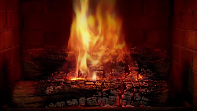 Fireplace fire burning log ember flame hearth heat glow smoke ash in dark brick indoor cozy warm background for SEO video upload