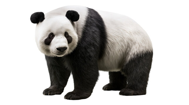 Fluffy giant panda bear with black and white fur, isolated on transparent background