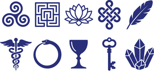 Naklejka premium Collection of Blue Spiritual and Esoteric Symbols Including Sacred Geometry Lotus Flower Caduceus Snake Ouroboros and Vintage Skeleton Key