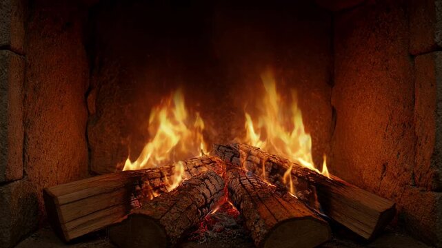 Cozy rustic stone fireplace with burning wood logs, warm flame, glowing embers, hearth heat, smoke, and winter interior comfort energy