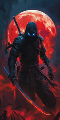 ninja, silhouette, pole, full moon, moon, clouds,Powerful ninja warrior with glowing eyes holding katana sword standing under dark red blood moon background. © UNIT MANAGER STORE