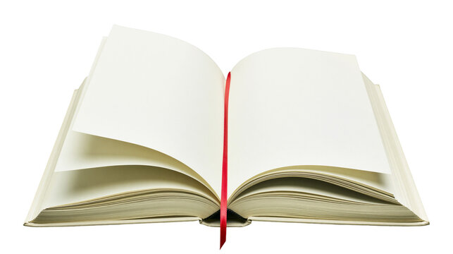 Open blank book with red ribbon bookmark, isolated on transparent background