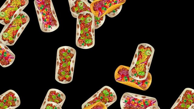 Falling Mixed Mexican Tacos and Burritos on Black Background