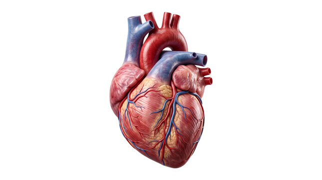 Anatomical human heart model, realistic medical organ illustration, cardiovascular system biology on white background