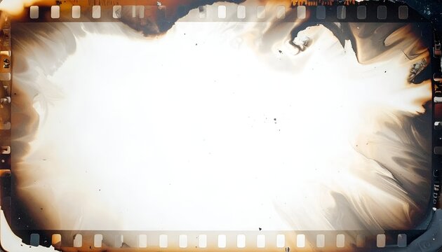 Vintage Burnt 35mm Film Frame Background with Grunge Borders and Sprocket Holes for Overlay Texture