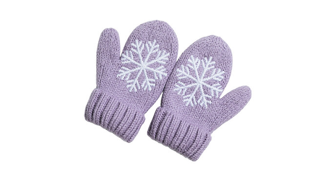 Knitted lavender mittens with white snowflake embroidery, isolated on transparent background