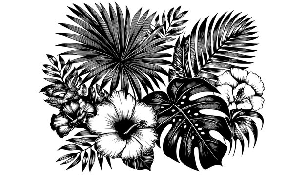Tropical foliage arrangement displays detailed palm fronds and vibrant hibiscus blooms.