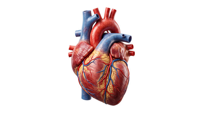 Anatomical human heart model, realistic medical organ illustration, cardiovascular system anatomy on white background