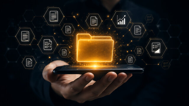 Hand holding glowing digital folder with data icons in abstract technology network concept