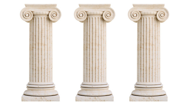 Three ancient Greek Ionic columns with fluted shafts, isolated on transparent background