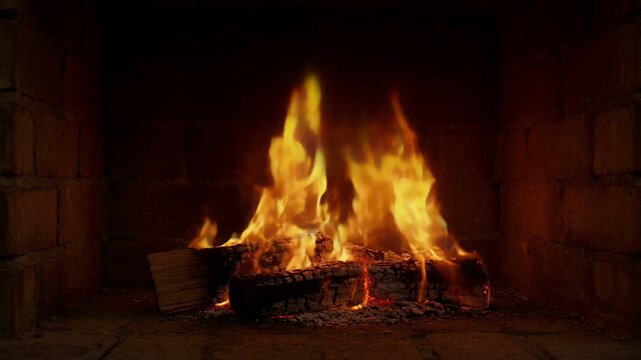 Cozy fireplace fire burning brick hearth with warm orange flame, glowing embers, rustic wood logs, stone interior, winter warmth, smoke and comfort home scene