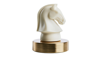 Ornate ivory chess knight piece with detailed mane resting on a brushed gold base, isolated on transparent background © LUXSTORY