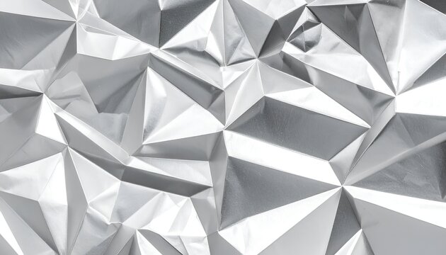 Abstract silver crumpled foil background with geometric sharp folds and metallic reflective texture