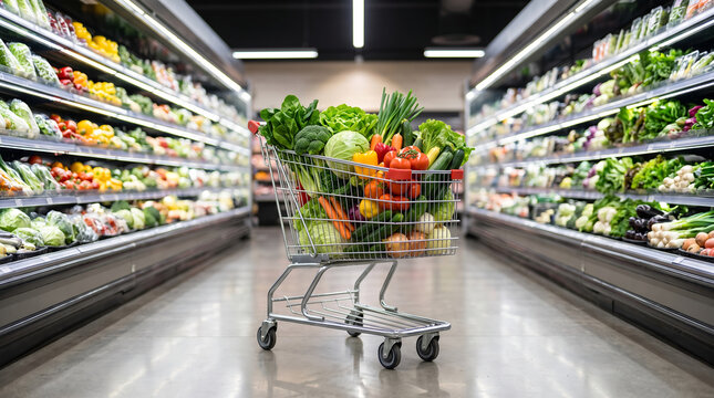 Metal shopping cart filled with fresh vegetables, with vibrant green broccoli and red tomatoes, standing in the center aisle, supermarket grocery store, commercial product photography