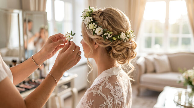 Elegant bride with blonde braided hairstyle, featuring delicate white flower crown, getting hair styled by hairdresser, in bright bridal suite, wedding preparation