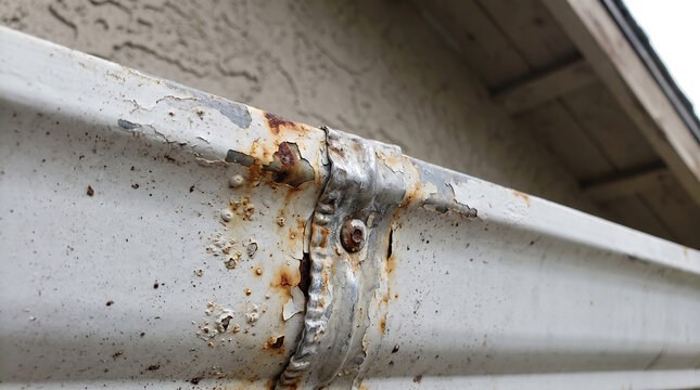Rusty metal rain gutter close up, with peeling white paint and corroded seam fastener, hanging on house exterior eaves, property maintenance