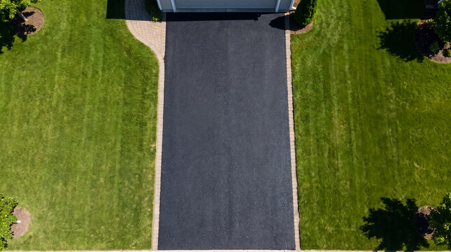 Freshly sealed asphalt driveway aerial view, with smooth black coating and brick paver border, situated between lush green lawns, real estate landscaping