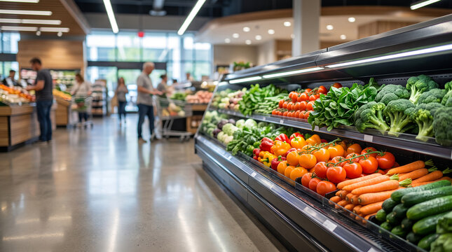 Supermarket produce section display with abundant fresh vegetables, vibrant broccoli and carrots on shelves, blurred shoppers browsing in the background, grocery store interior