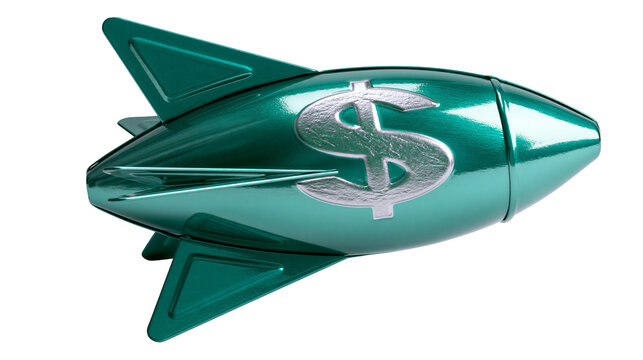 Metallic green rocket ship with silver dollar sign, isolated on transparent background