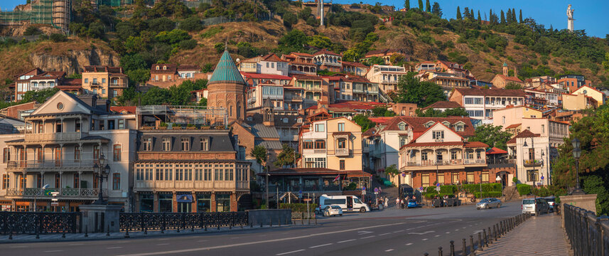 Old Tbilisi panorama with Meidan square and Surb Gevorg church at sunset