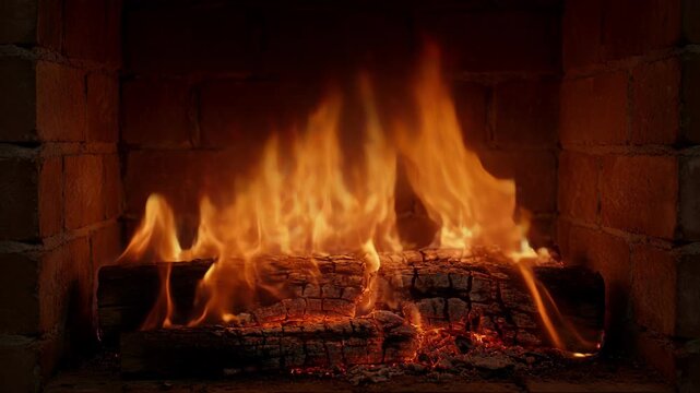 Fireplace fire burning log stone hearth with warm orange flame and glowing ember, fireplace fire burning log flame heat brick hearth glow cozy winter home comfort warm ember rustic interior