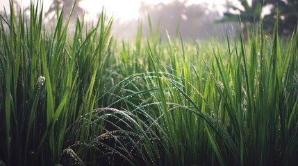 Fototapeta premium Fresh Green Grass Blades with Morning Dew in Misty Landscape Capturing Nature's Beauty and Serenity in Agricultural Field at Dawn