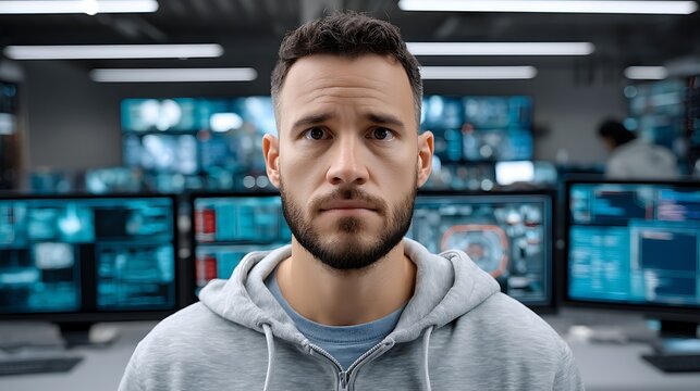 Dystopian Glowing Cybernetic Focused Man in Front of Multiple Screens in Modern Control Room