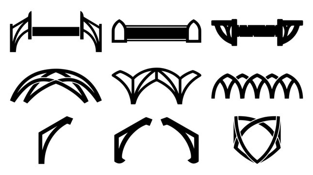 Black and white gothic arch, medieval bridge, and shield crest silhouettes. Vector graphic elements for fantasy UI design, stream overlay and gaming